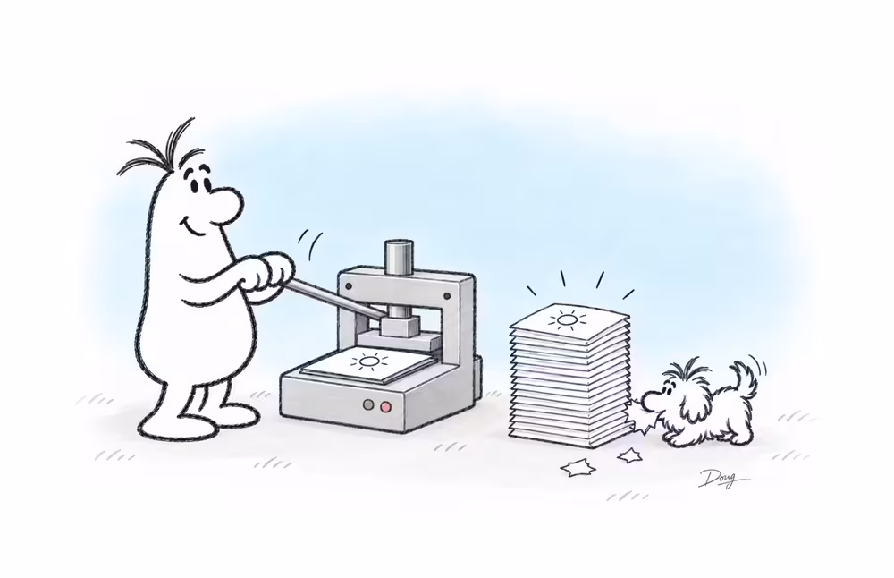 Illustrated BakerWilcox characters considering sustainable print